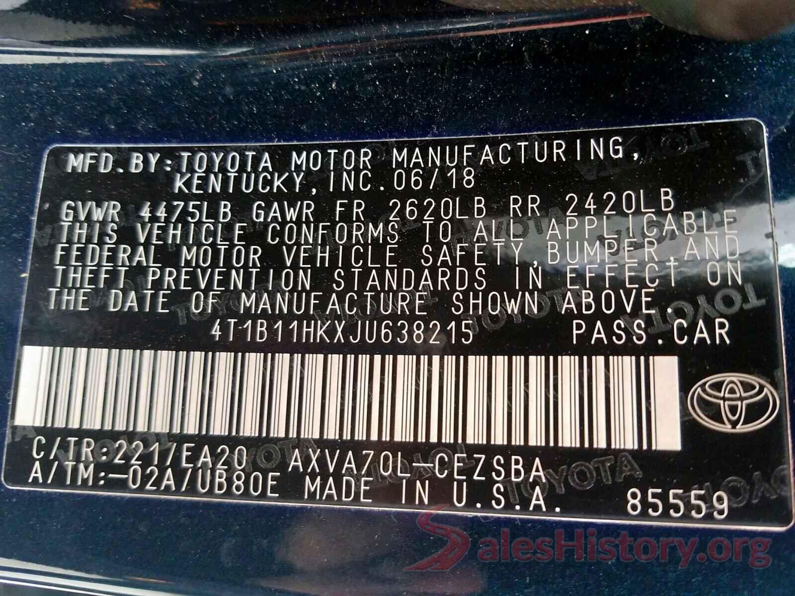 4T1B11HKXJU638215 2018 TOYOTA CAMRY