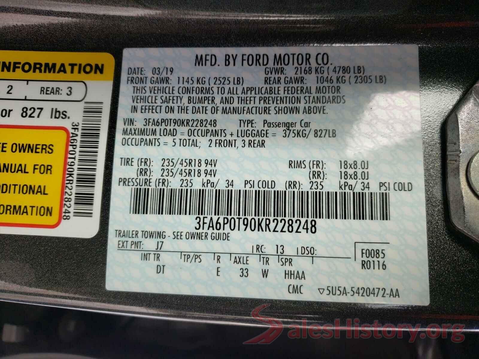 3FA6P0T90KR228248 2019 FORD FUSION