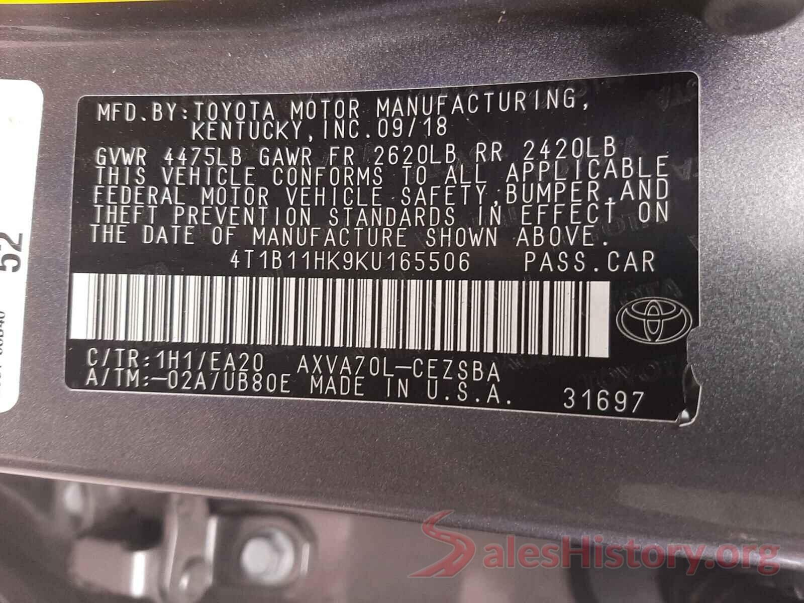 4T1B11HK9KU165506 2019 TOYOTA CAMRY