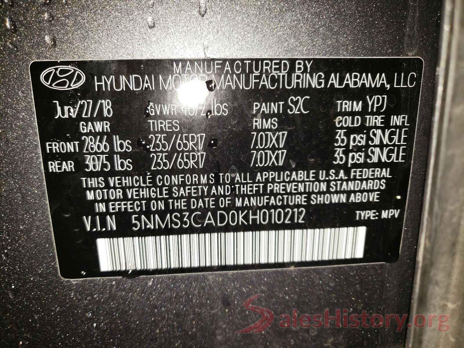 5NMS3CAD0KH010212 2019 HYUNDAI SANTA FE