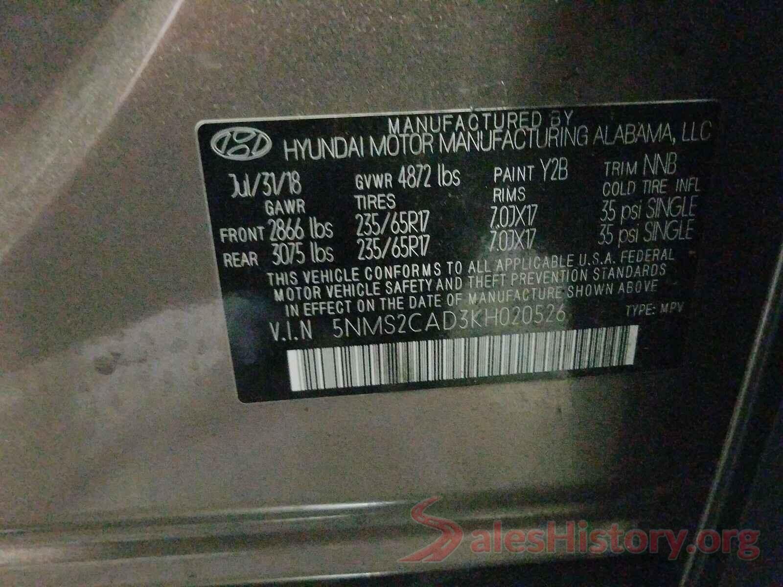 5NMS2CAD3KH020526 2019 HYUNDAI SANTA FE