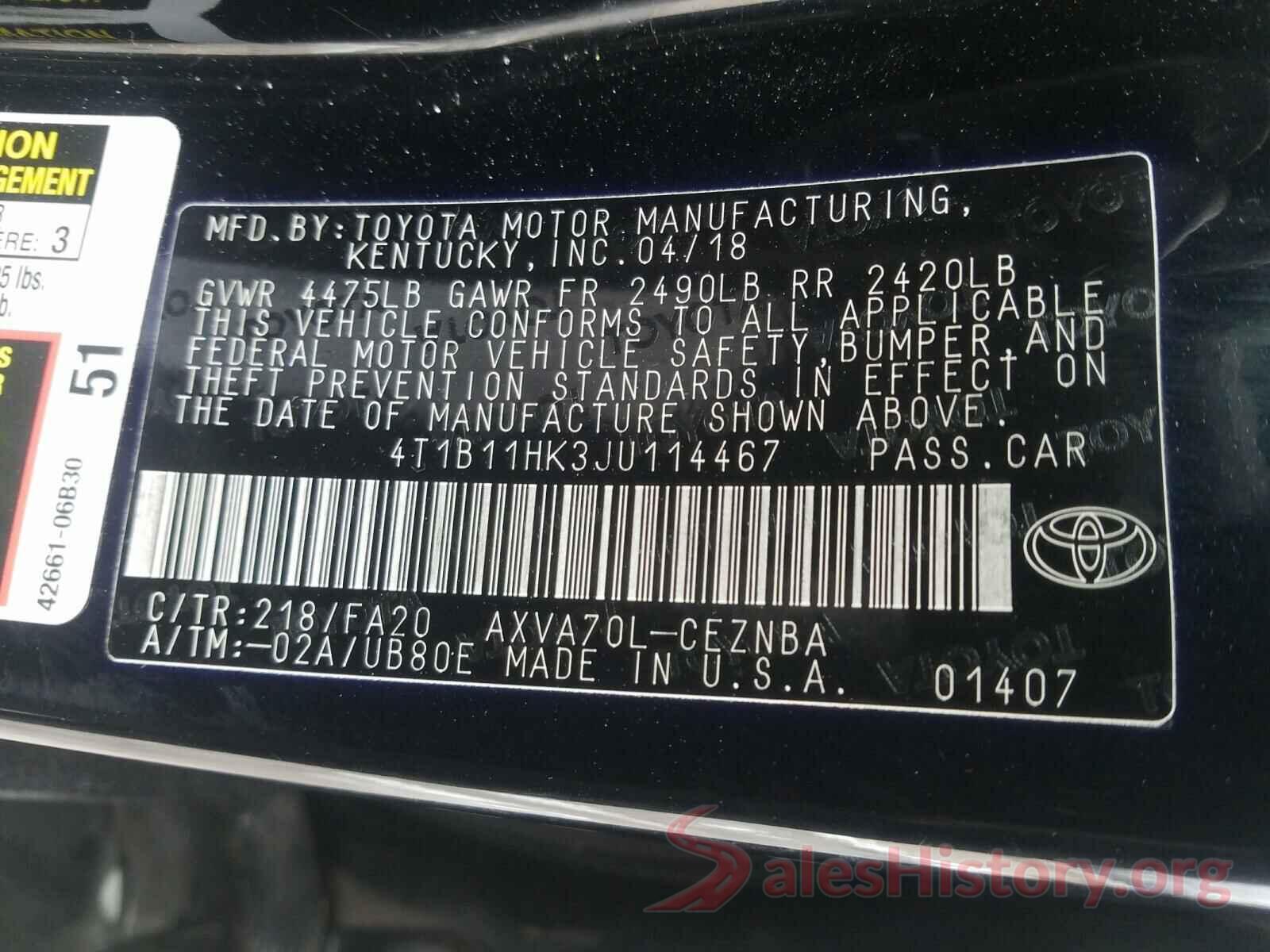 4T1B11HK3JU114467 2018 TOYOTA CAMRY