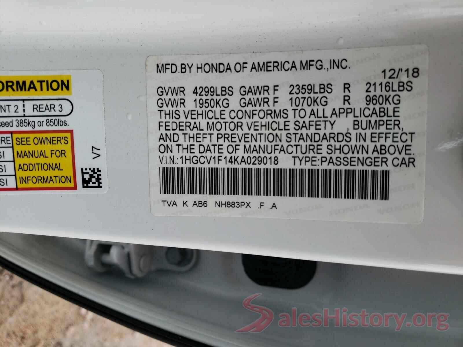 1HGCV1F14KA029018 2019 HONDA ACCORD