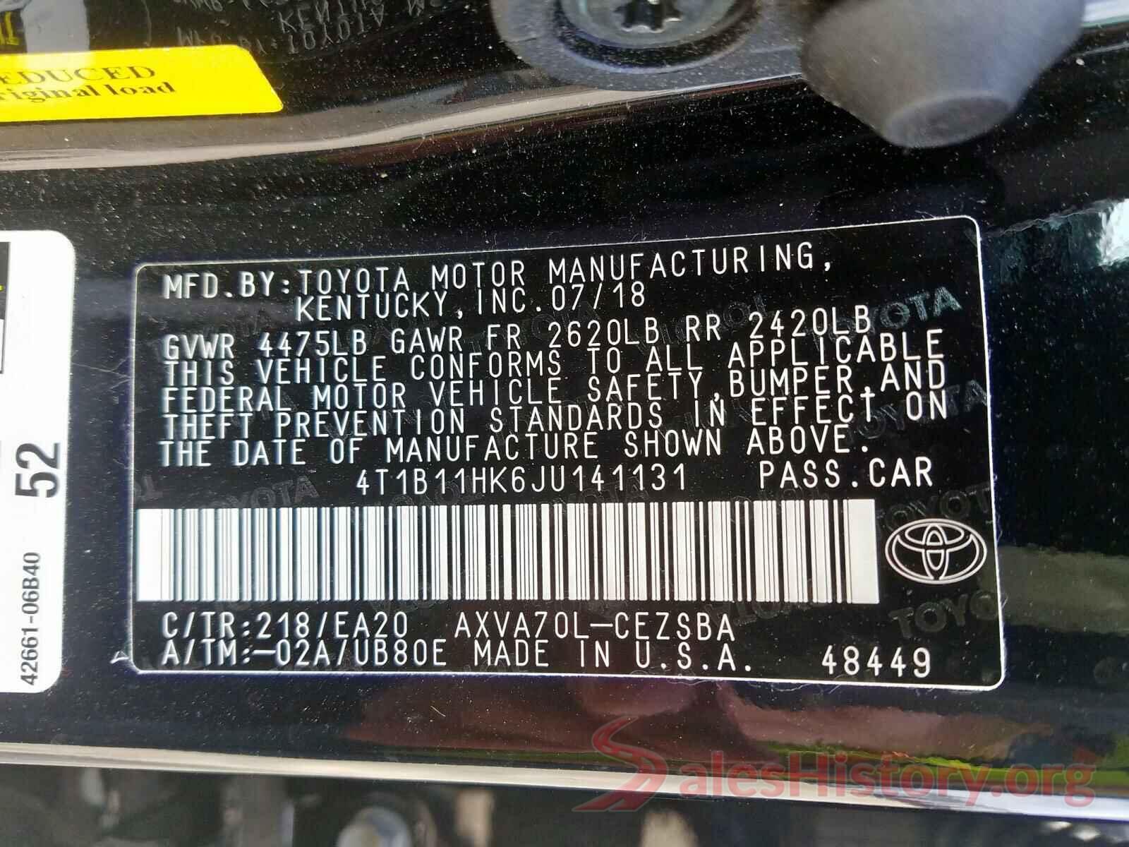 4T1B11HK6JU141131 2018 TOYOTA CAMRY