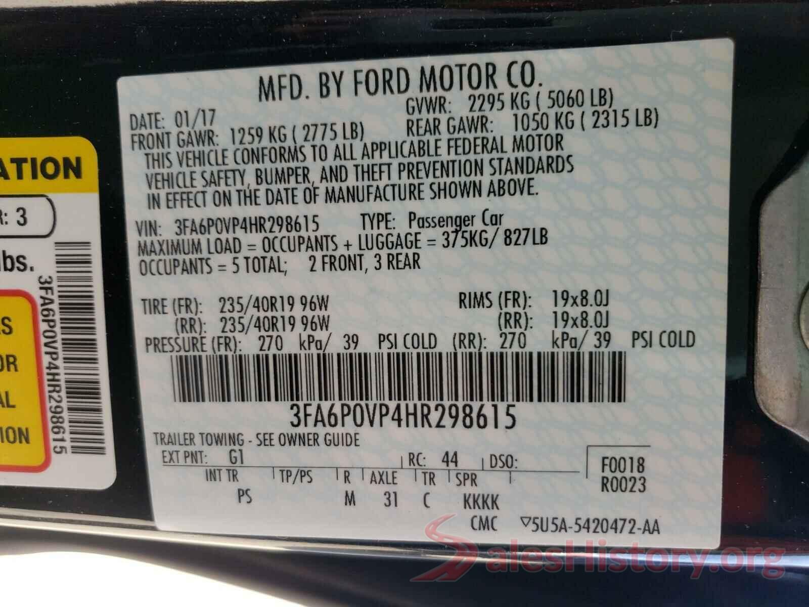 3FA6P0VP4HR298615 2017 FORD FUSION