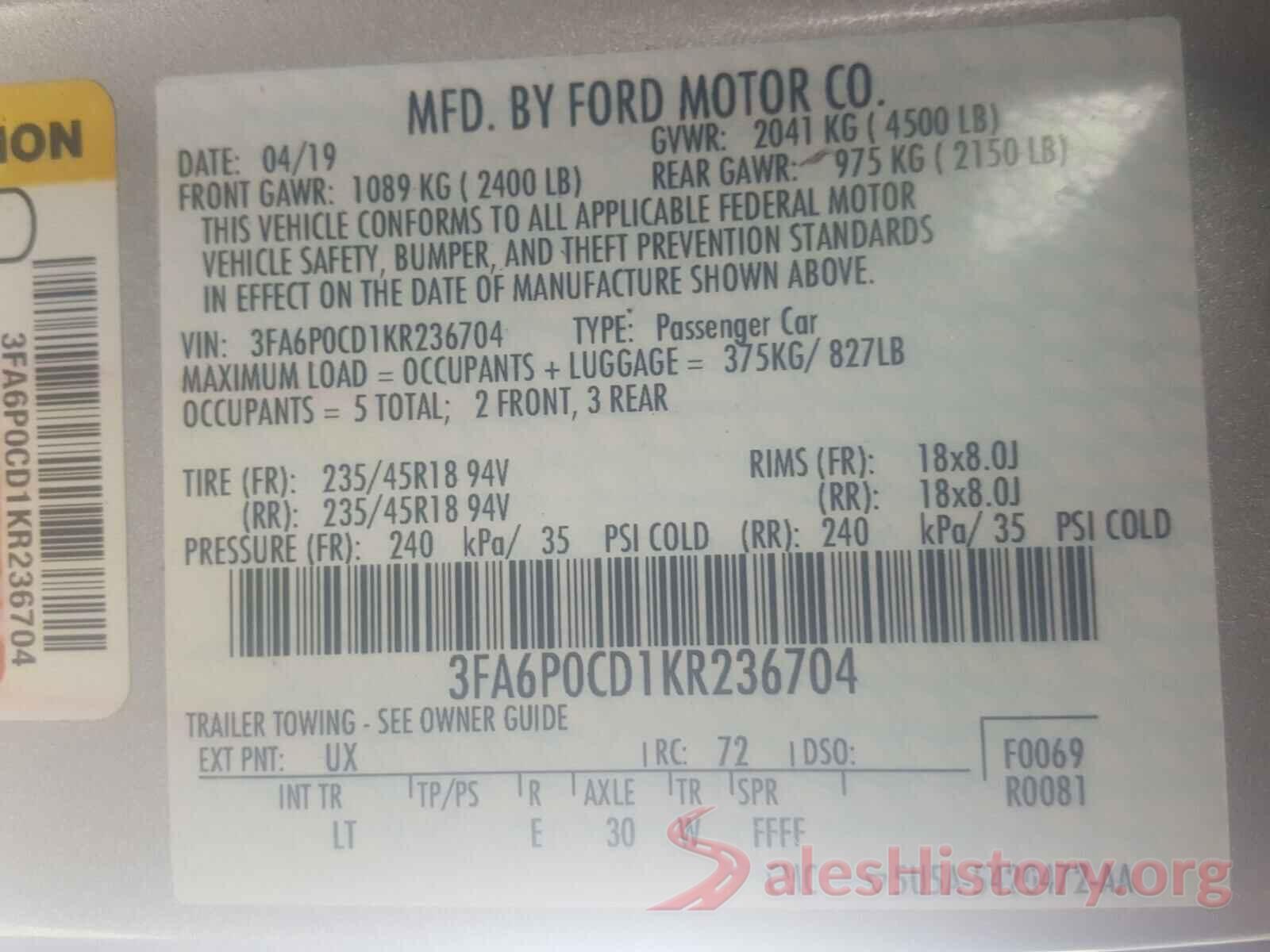 3FA6P0CD1KR236704 2019 FORD FUSION