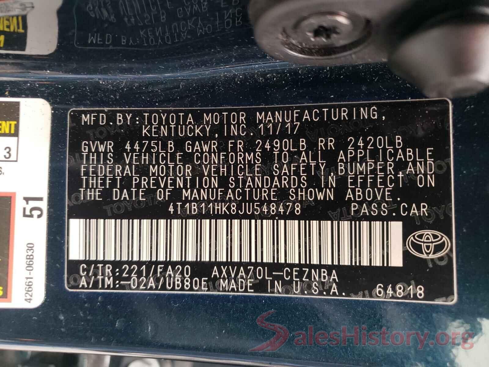 4T1B11HK8JU548478 2018 TOYOTA CAMRY