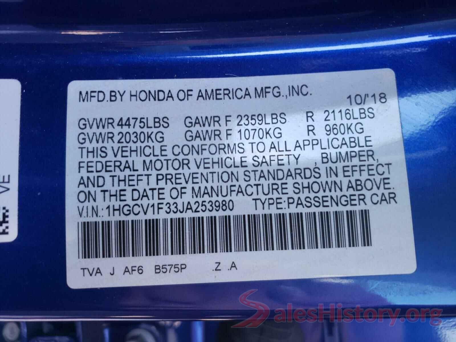 1HGCV1F33JA253980 2018 HONDA ACCORD