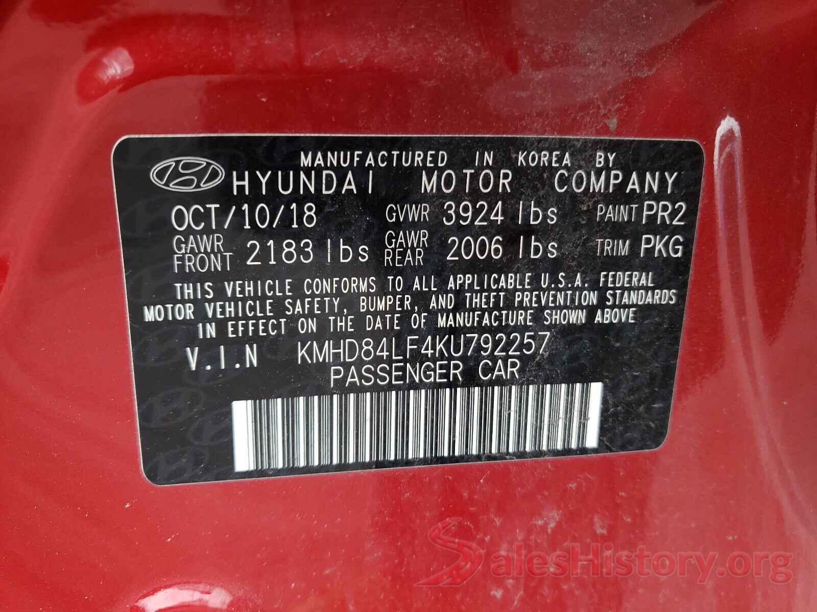 KMHD84LF4KU792257 2019 HYUNDAI ELANTRA