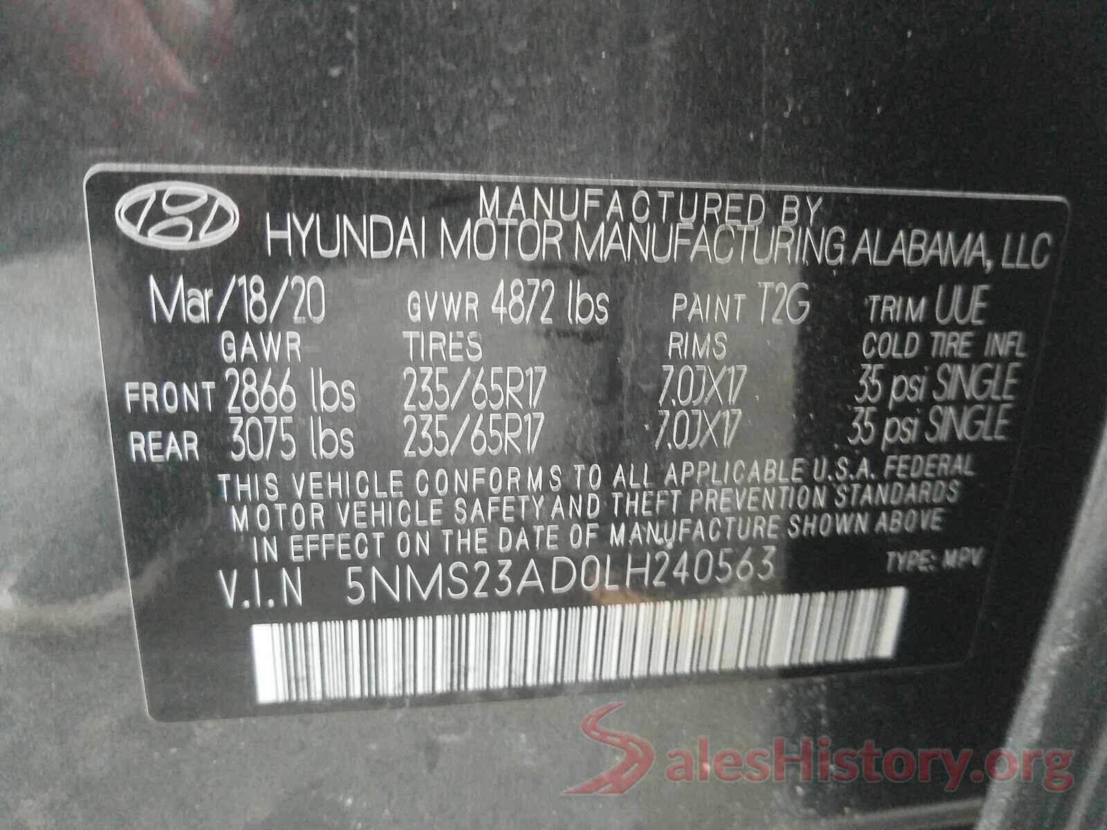 5NMS23AD0LH240563 2020 HYUNDAI SANTA FE