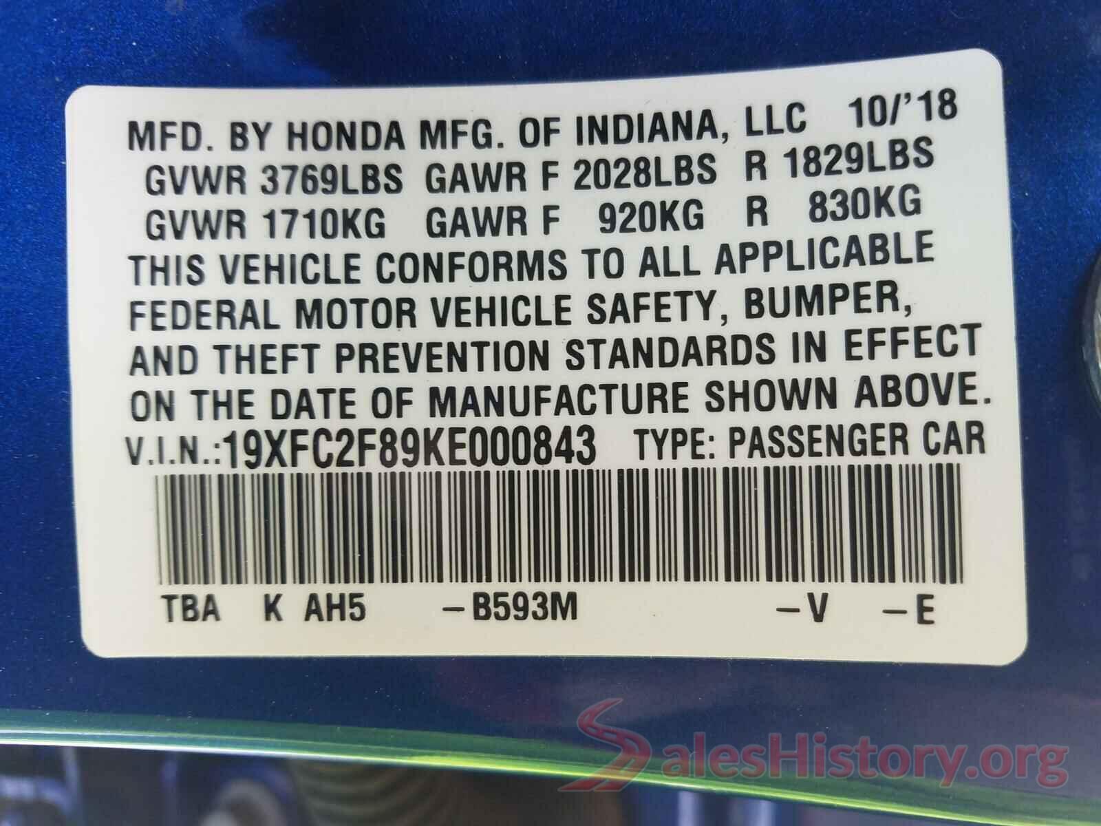 19XFC2F89KE000843 2019 HONDA CIVIC