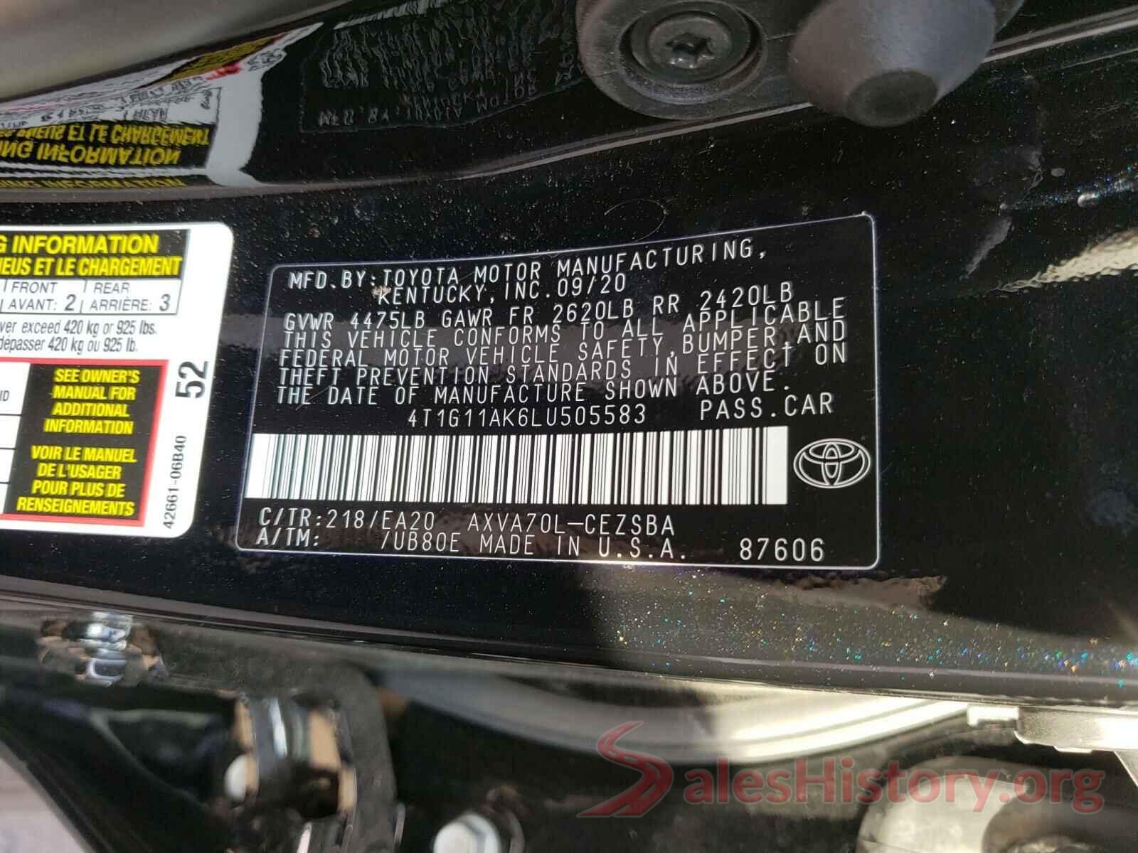 4T1G11AK6LU505583 2020 TOYOTA CAMRY