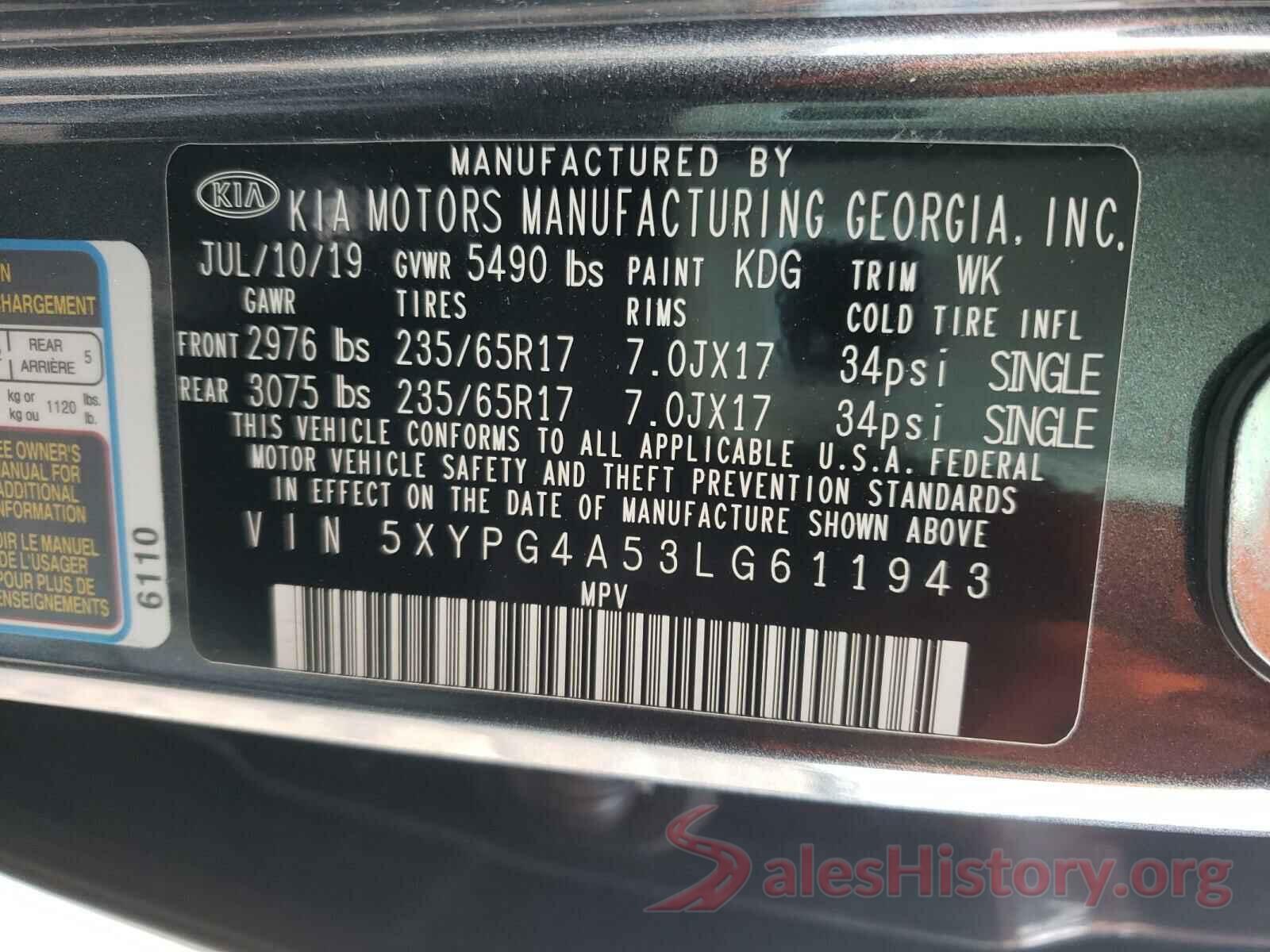 5XYPG4A53LG611943 2020 KIA SORENTO