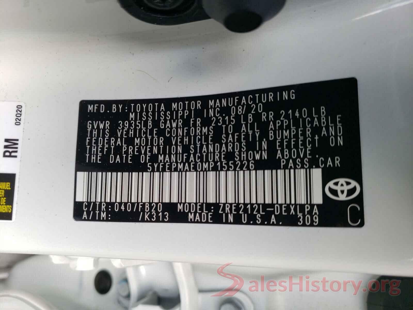 5YFEPMAE0MP155226 2021 TOYOTA COROLLA