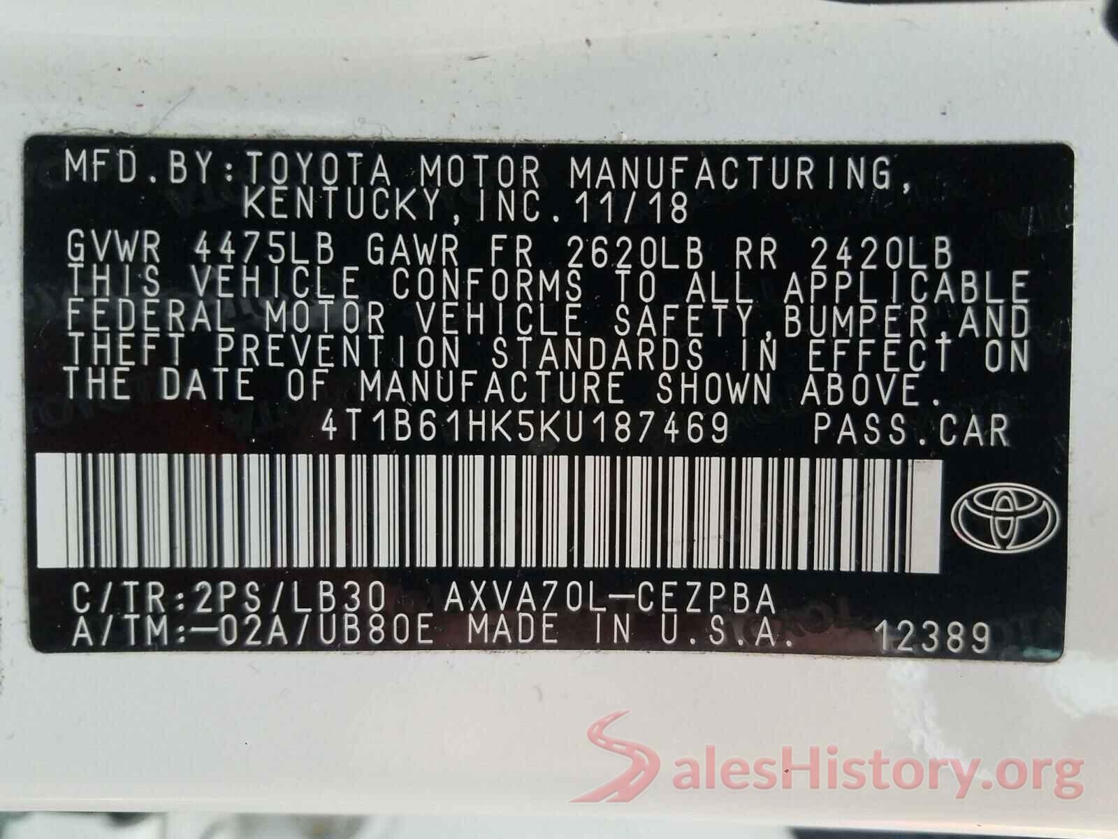 4T1B61HK5KU187469 2019 TOYOTA CAMRY