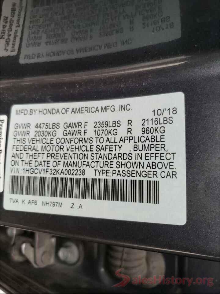 1HGCV1F32KA002238 2019 HONDA ACCORD