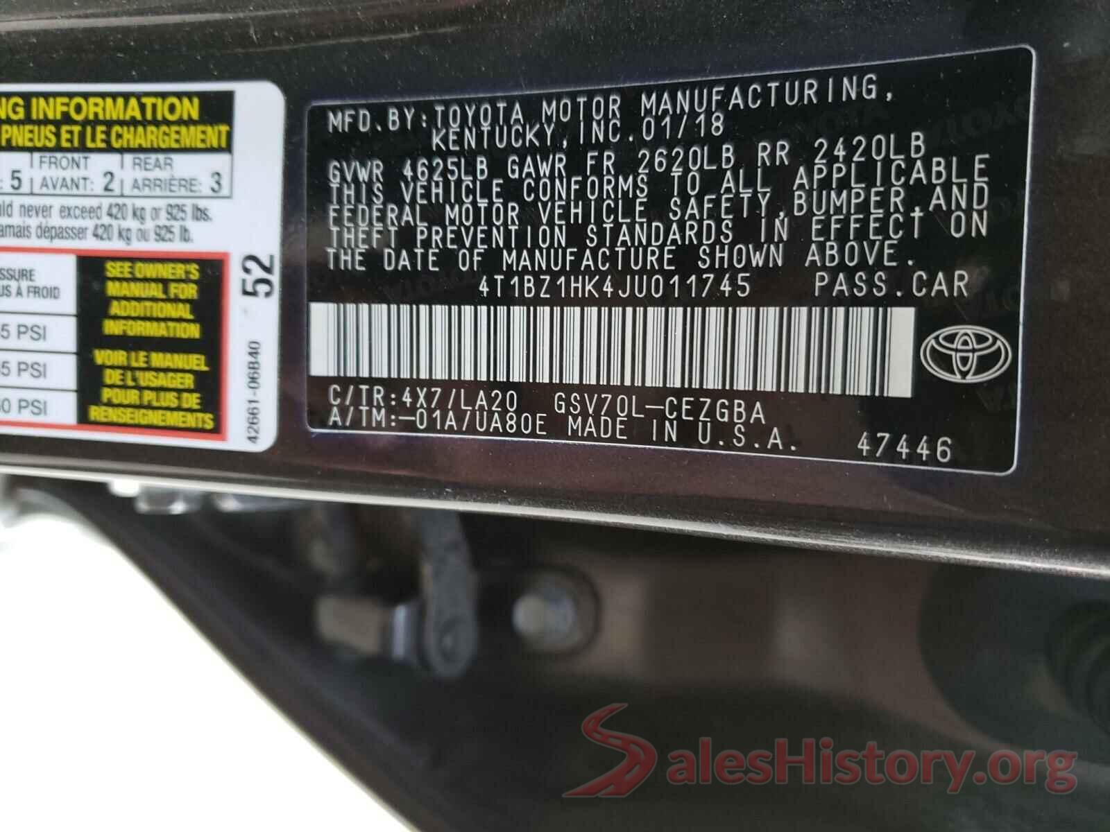 4T1BZ1HK4JU011745 2018 TOYOTA CAMRY