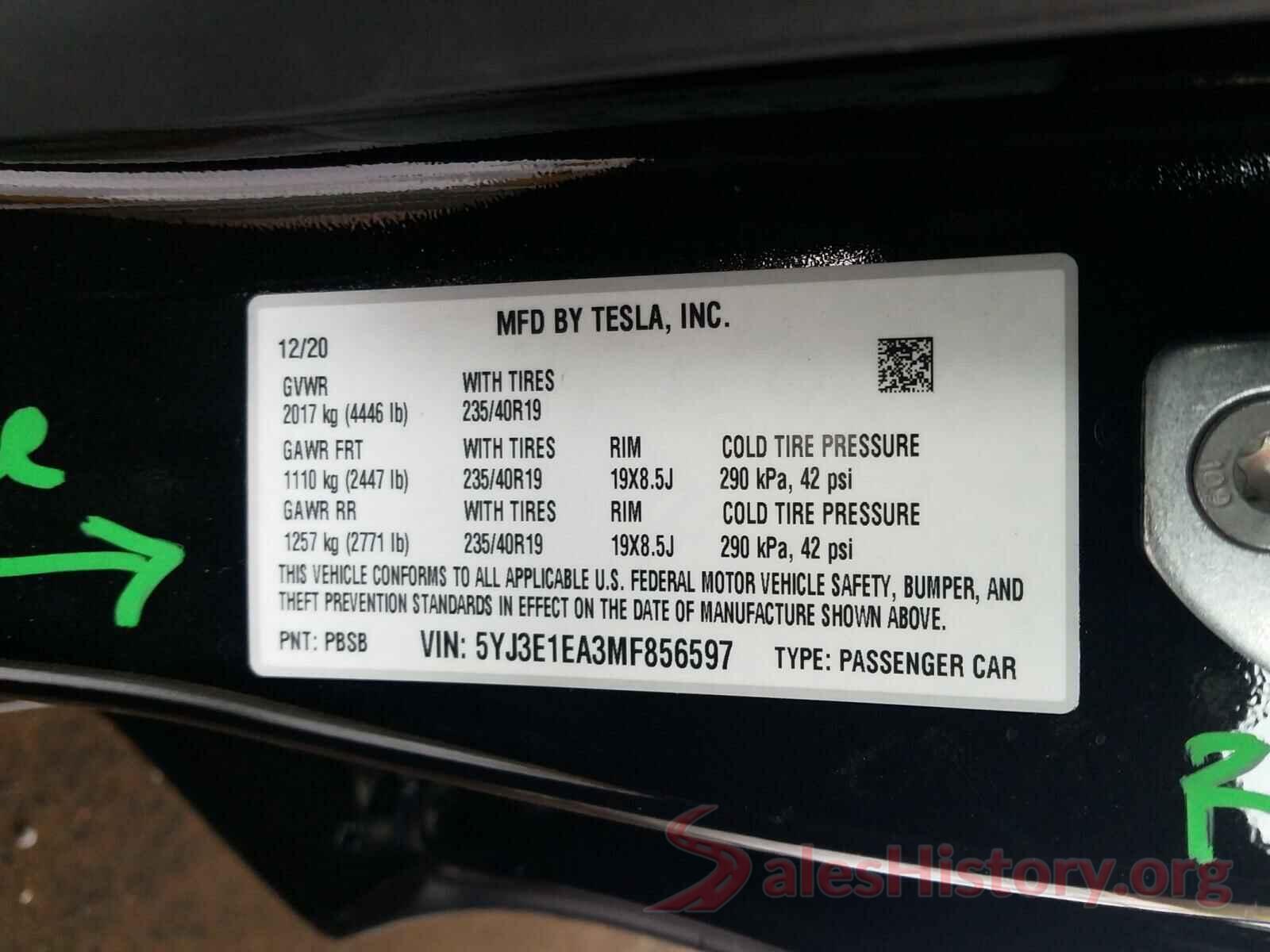 5YJ3E1EA3MF856597 2021 TESLA MODEL 3