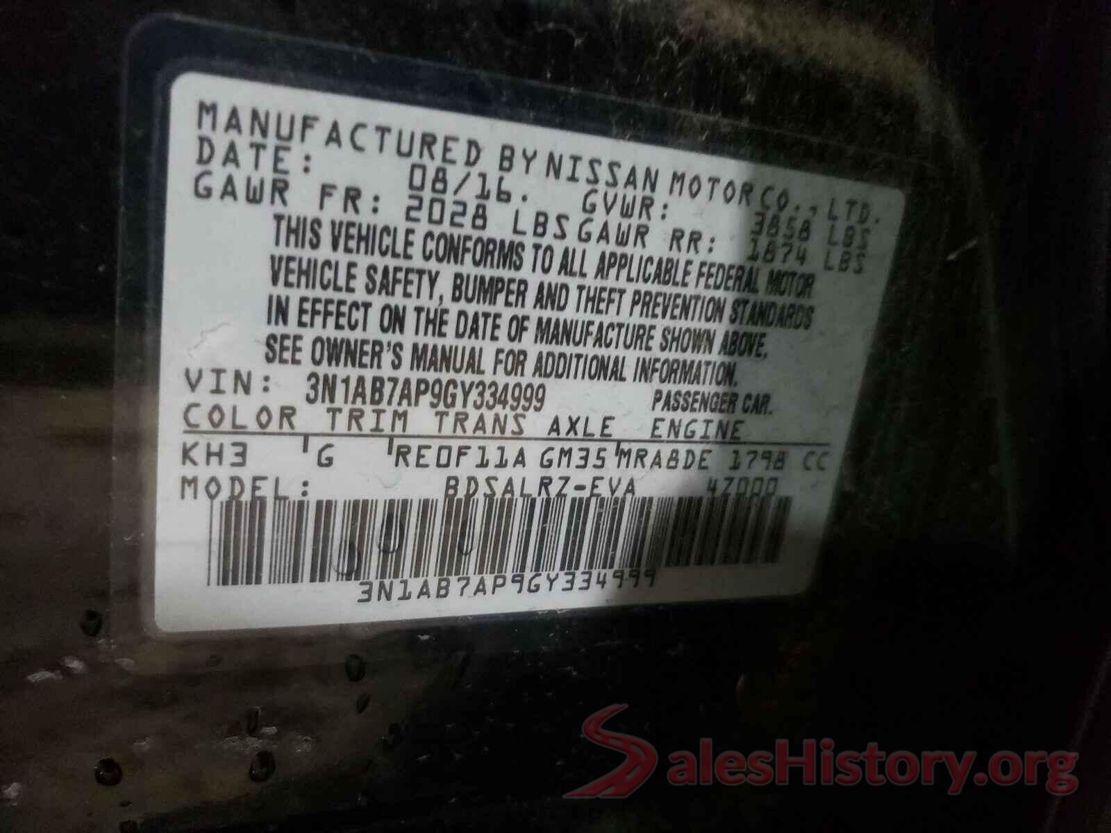 3N1AB7AP9GY334999 2016 NISSAN SENTRA