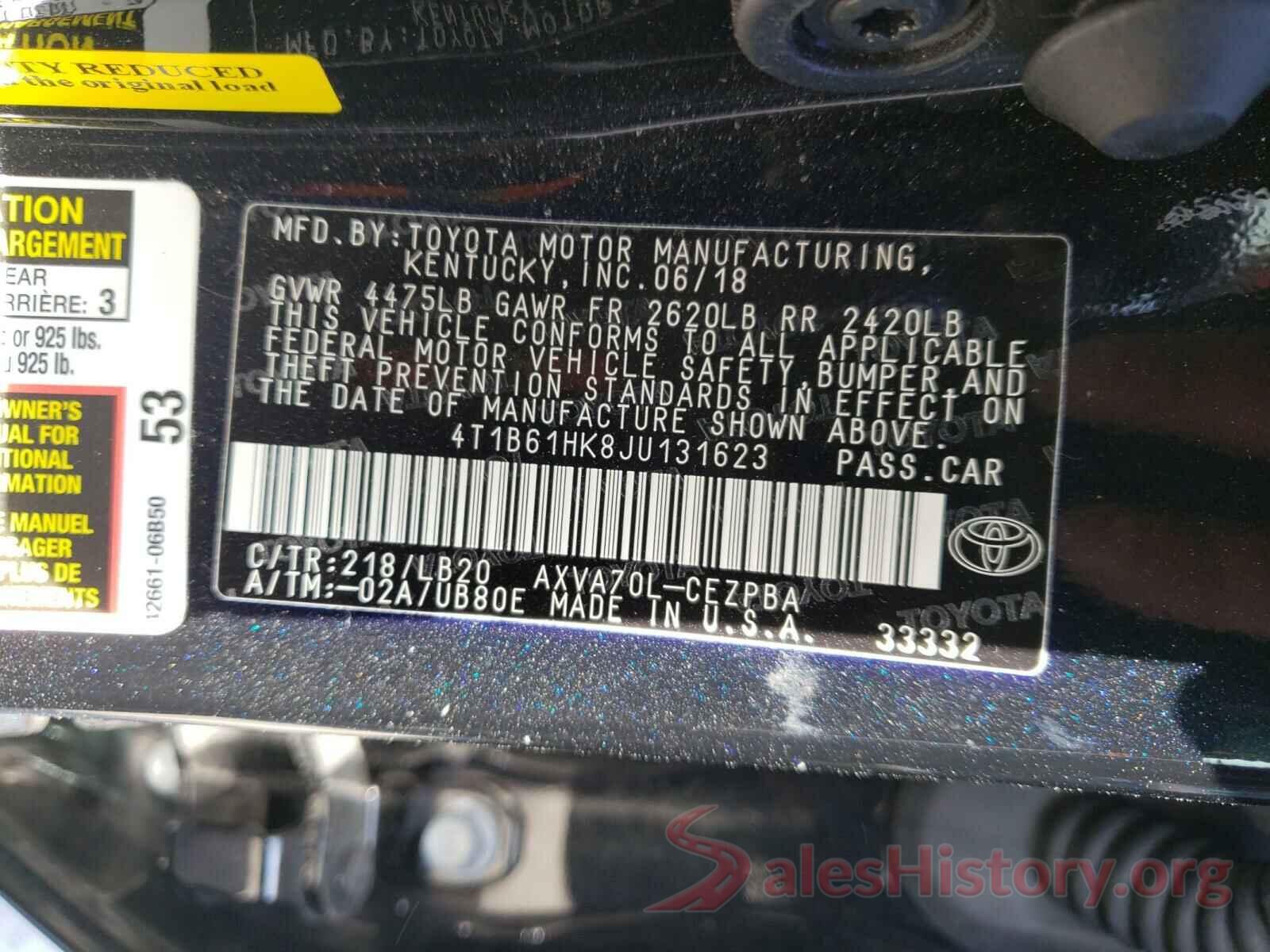 4T1B61HK8JU131623 2018 TOYOTA CAMRY