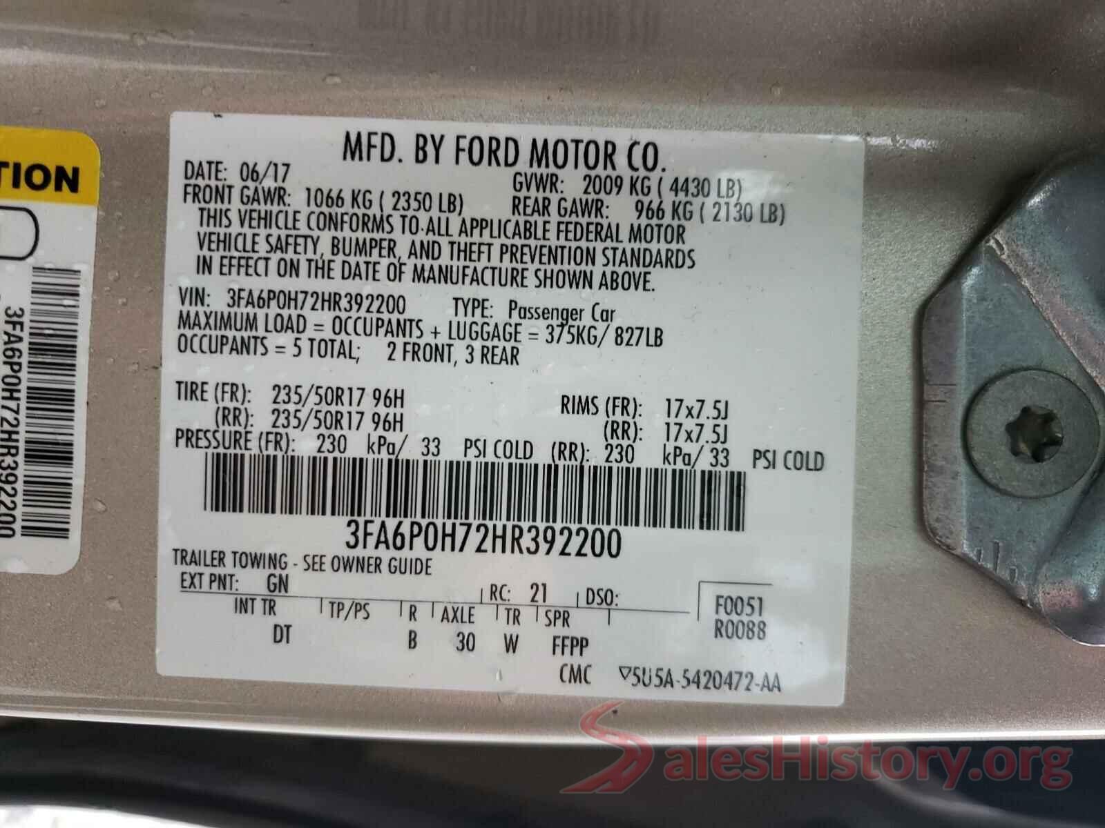 3FA6P0H72HR392200 2017 FORD FUSION