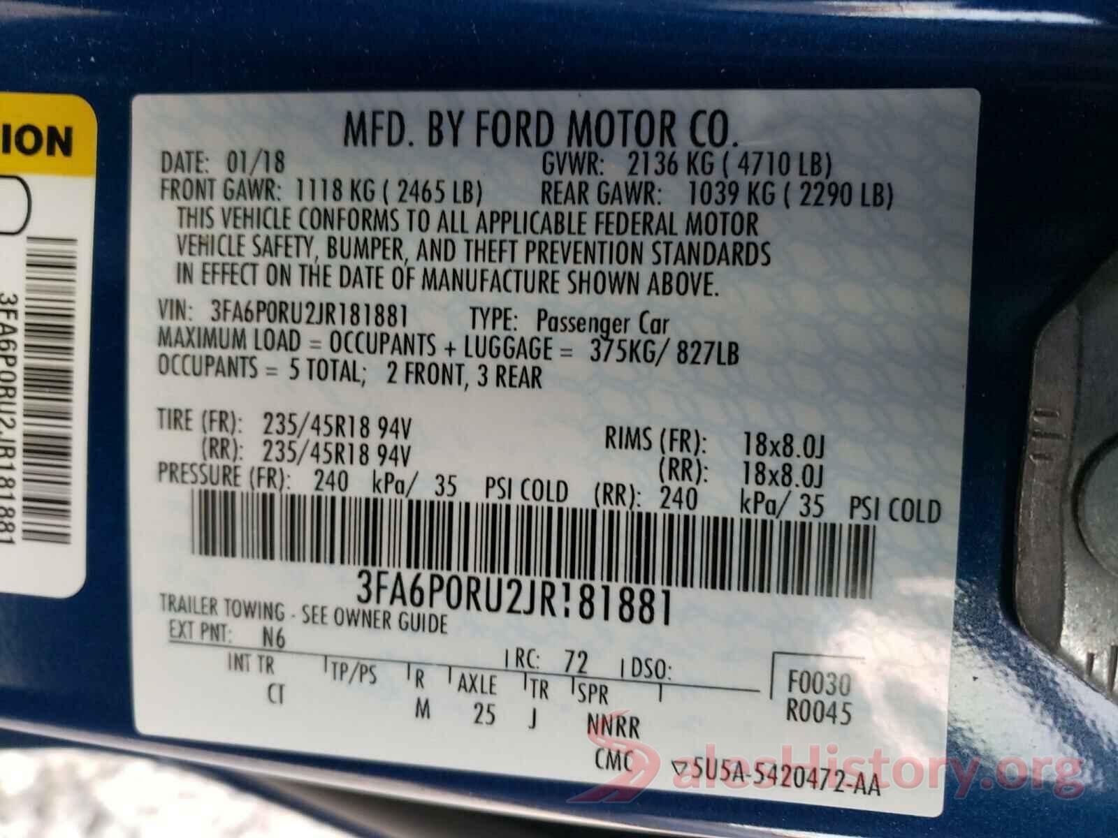 3FA6P0RU2JR181881 2018 FORD FUSION