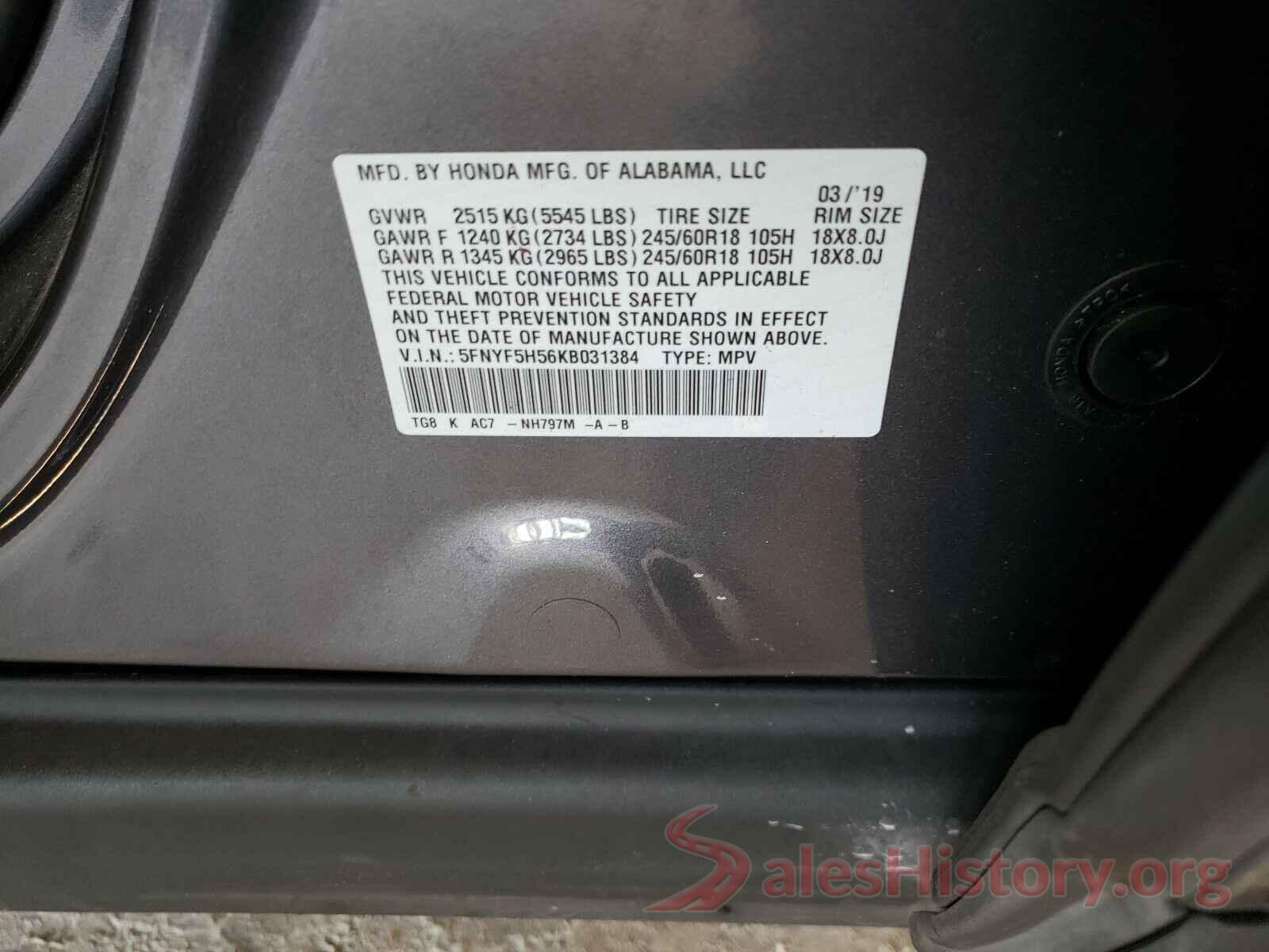 5FNYF5H56KB031384 2019 HONDA PILOT