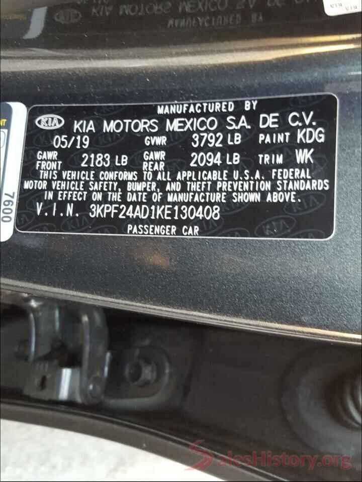 3KPF24AD1KE130408 2019 KIA FORTE