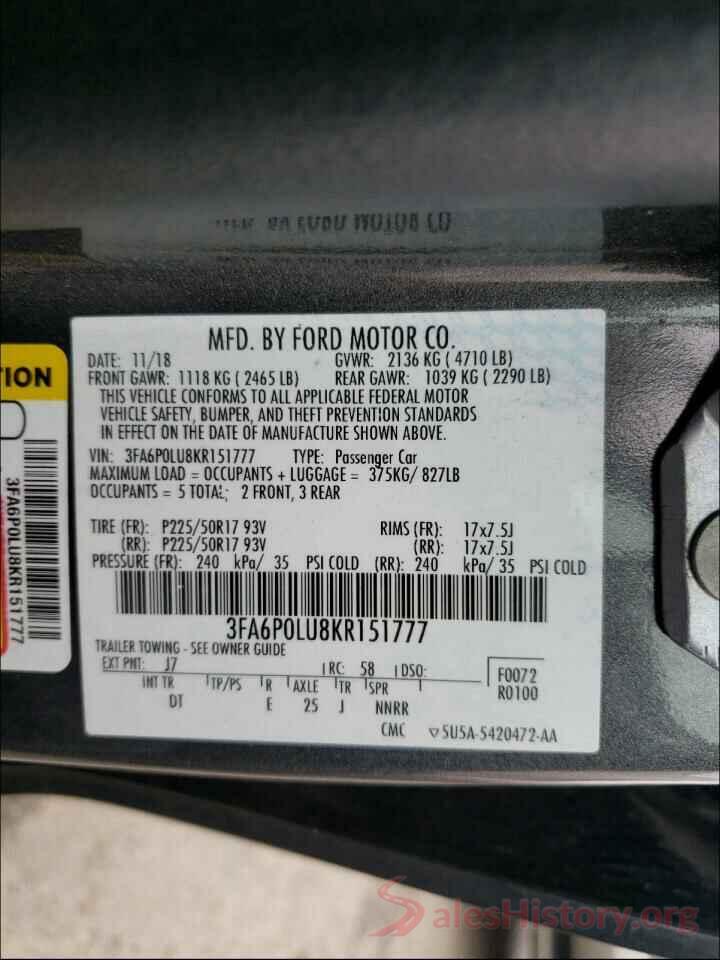 3FA6P0LU8KR151777 2019 FORD FUSION