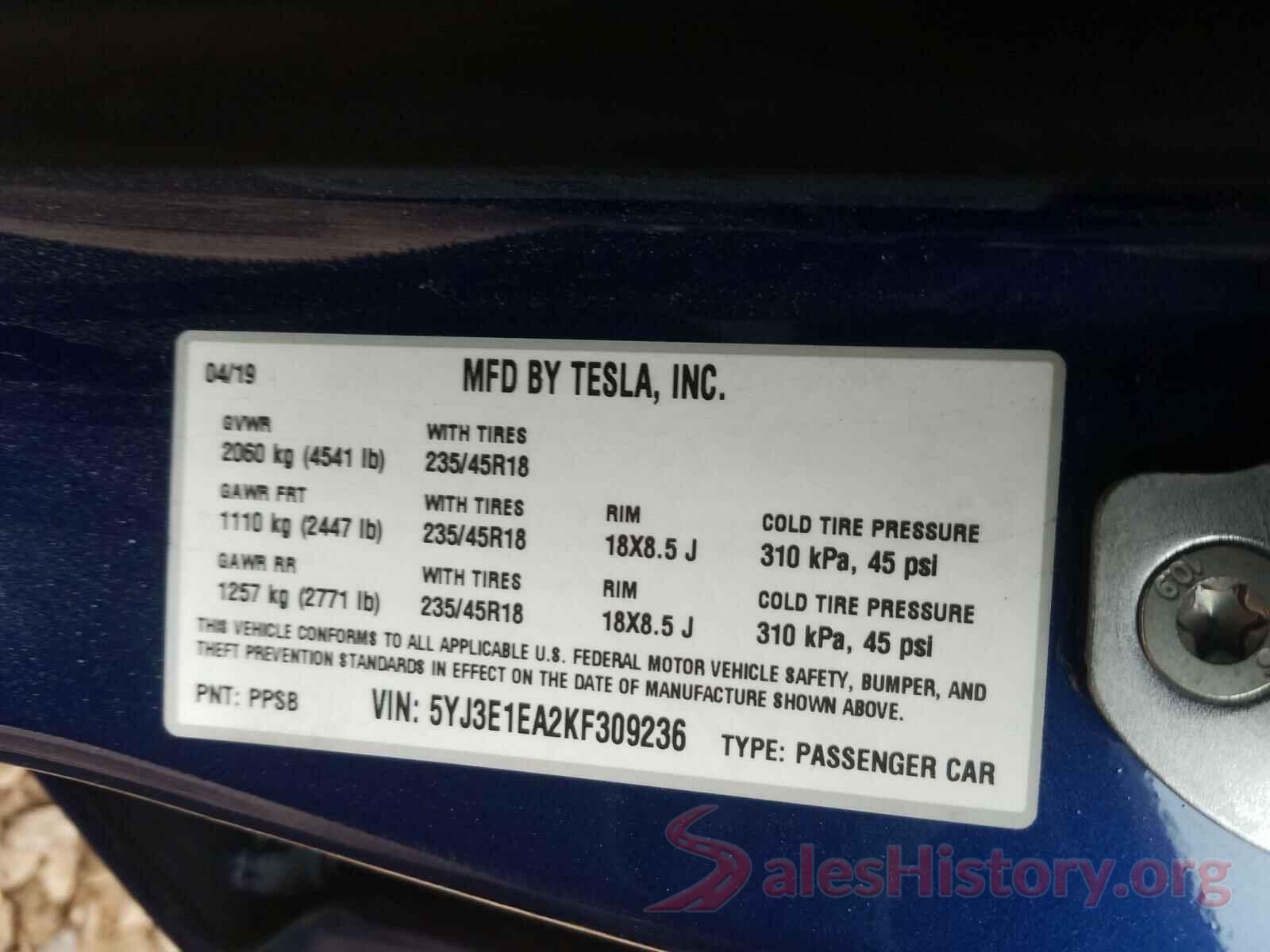 5YJ3E1EA2KF309236 2019 TESLA MODEL 3