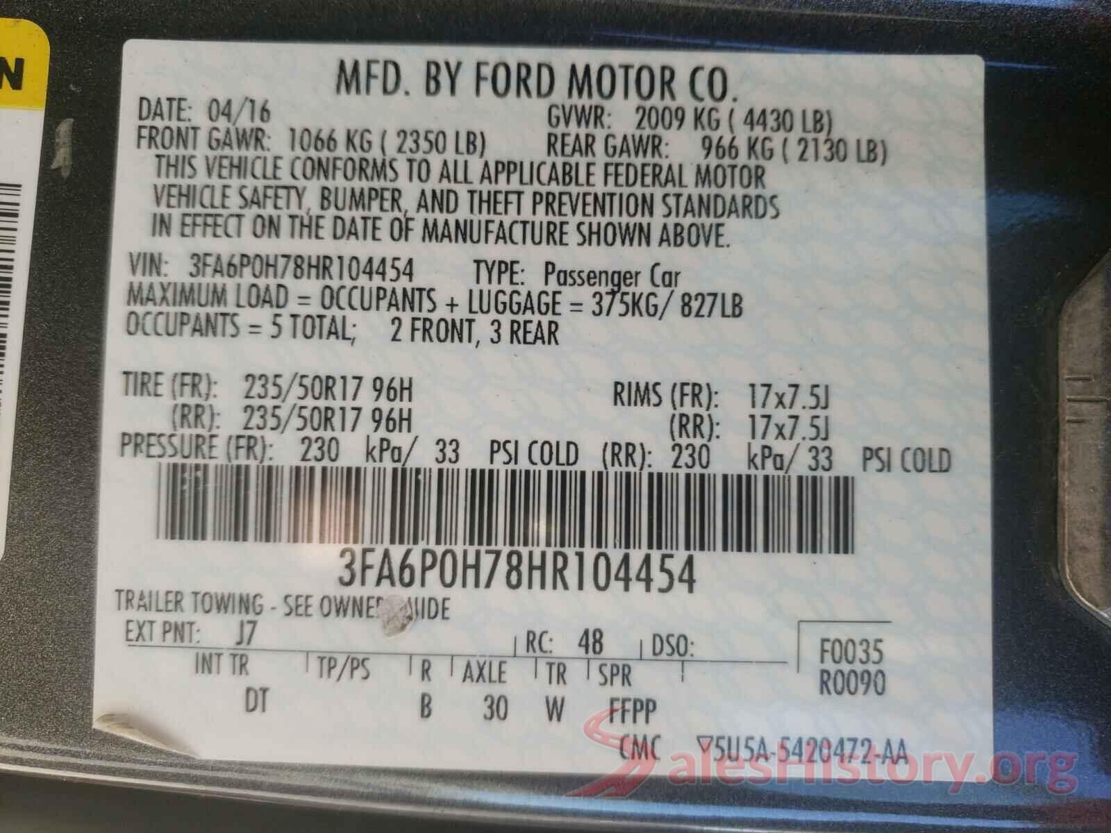 3FA6P0H78HR104454 2017 FORD FUSION