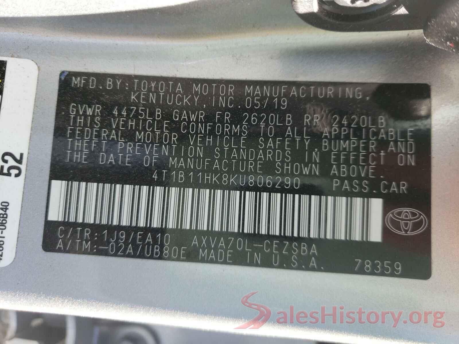 4T1B11HK8KU806290 2019 TOYOTA CAMRY