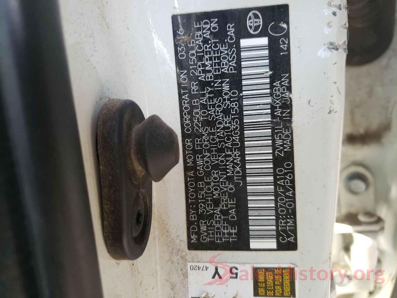 JTDKARFU4G3515810 2016 TOYOTA PRIUS