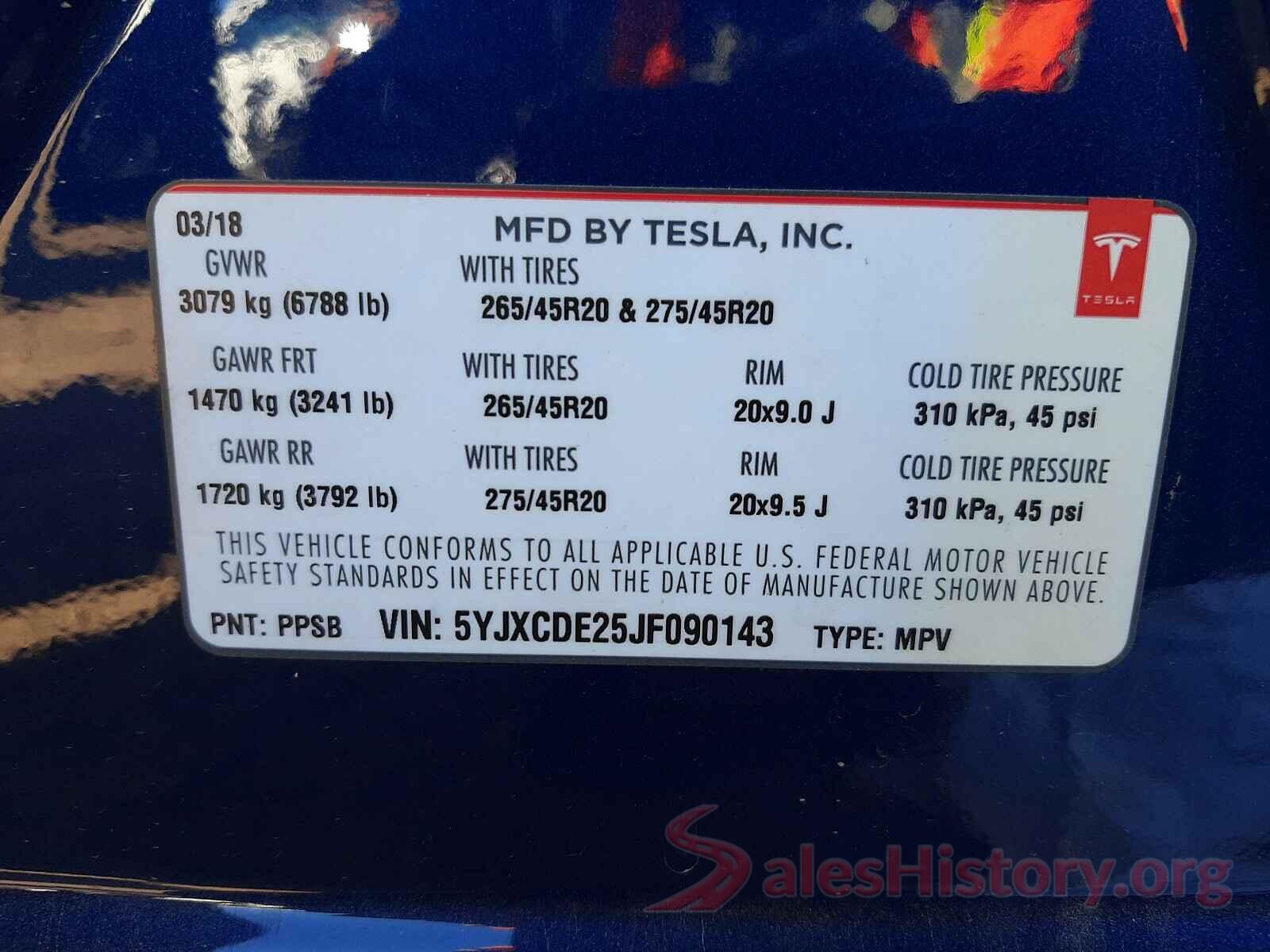 5YJXCDE25JF090143 2018 TESLA MODEL X