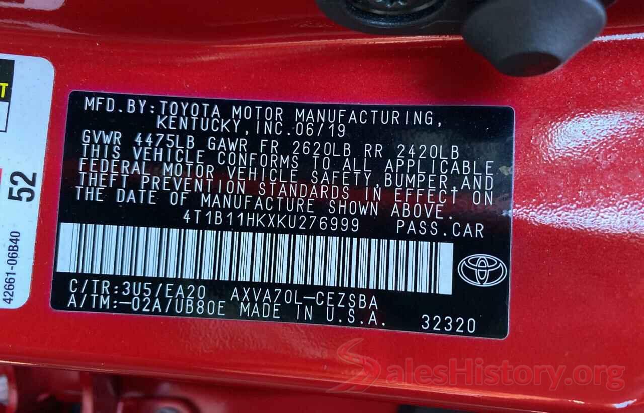 4T1B11HKXKU276999 2019 TOYOTA CAMRY