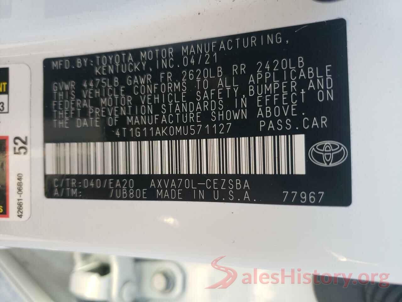 4T1G11AK0MU571127 2021 TOYOTA CAMRY