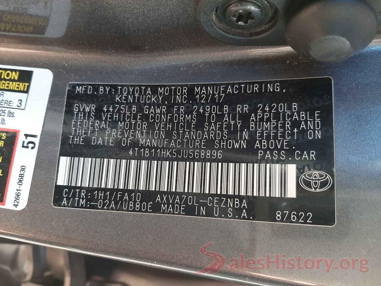 4T1B11HK5JU568896 2018 TOYOTA CAMRY