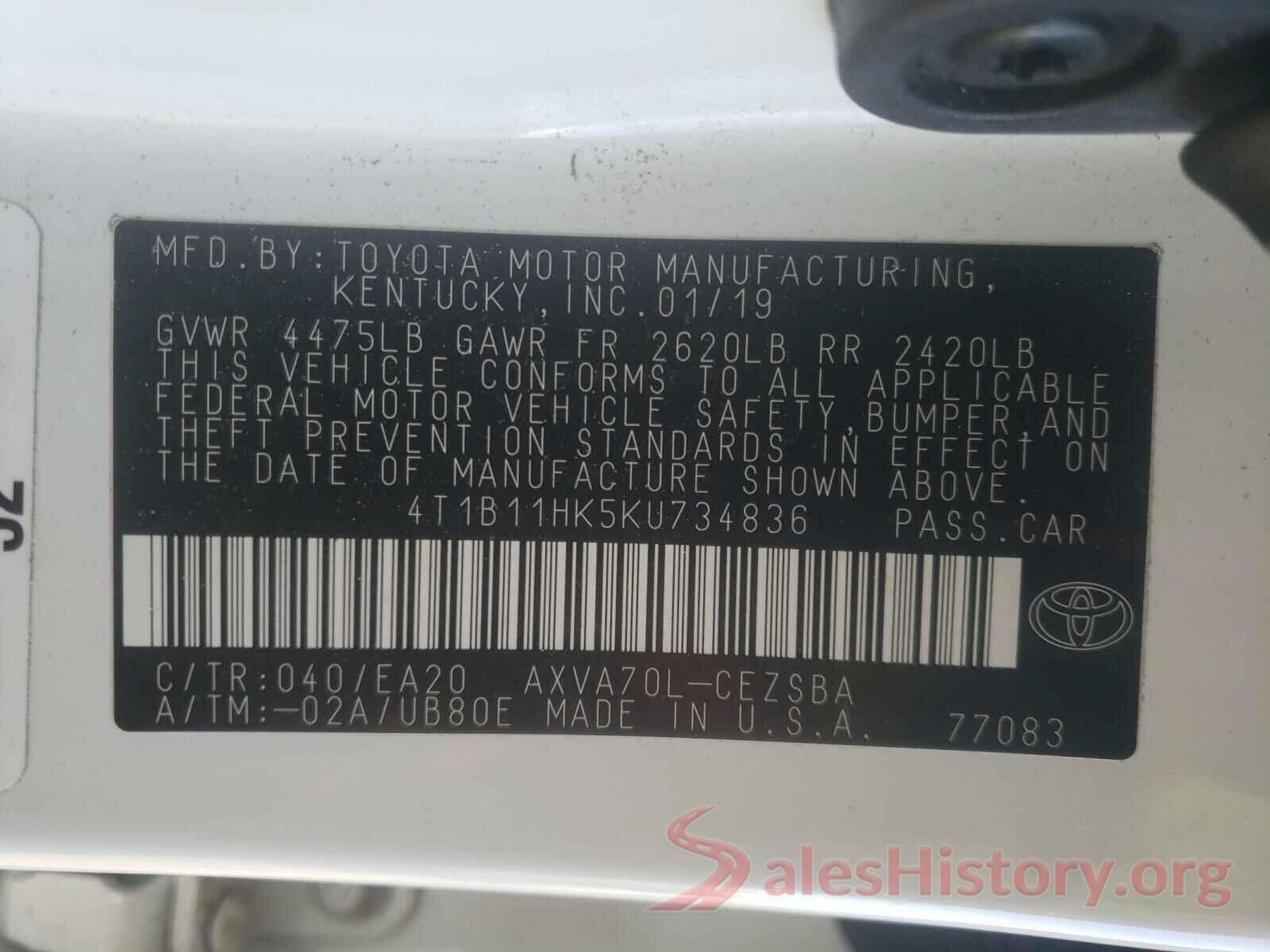 4T1B11HK5KU734836 2019 TOYOTA CAMRY