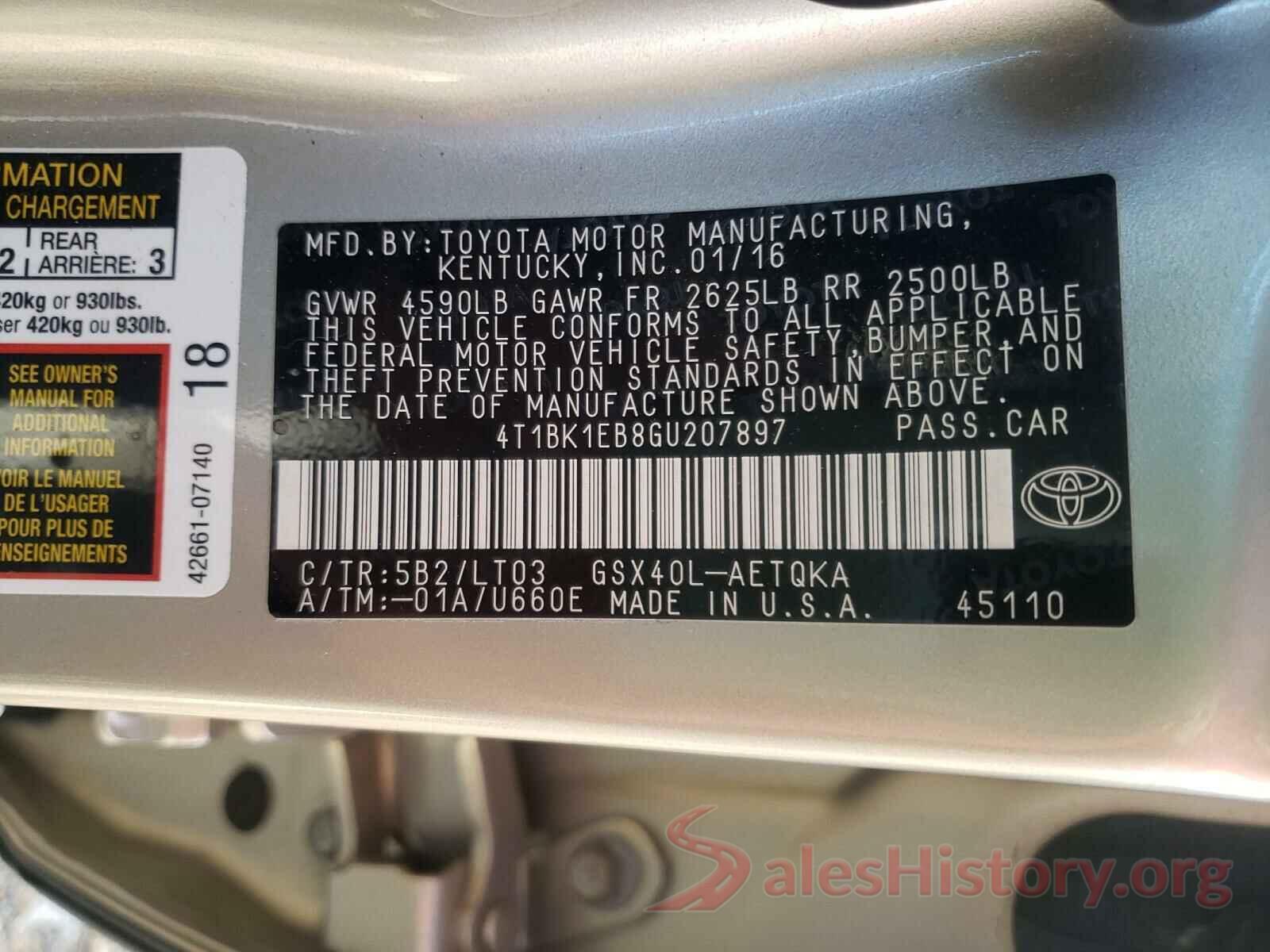 4T1BK1EB8GU207897 2016 TOYOTA AVALON