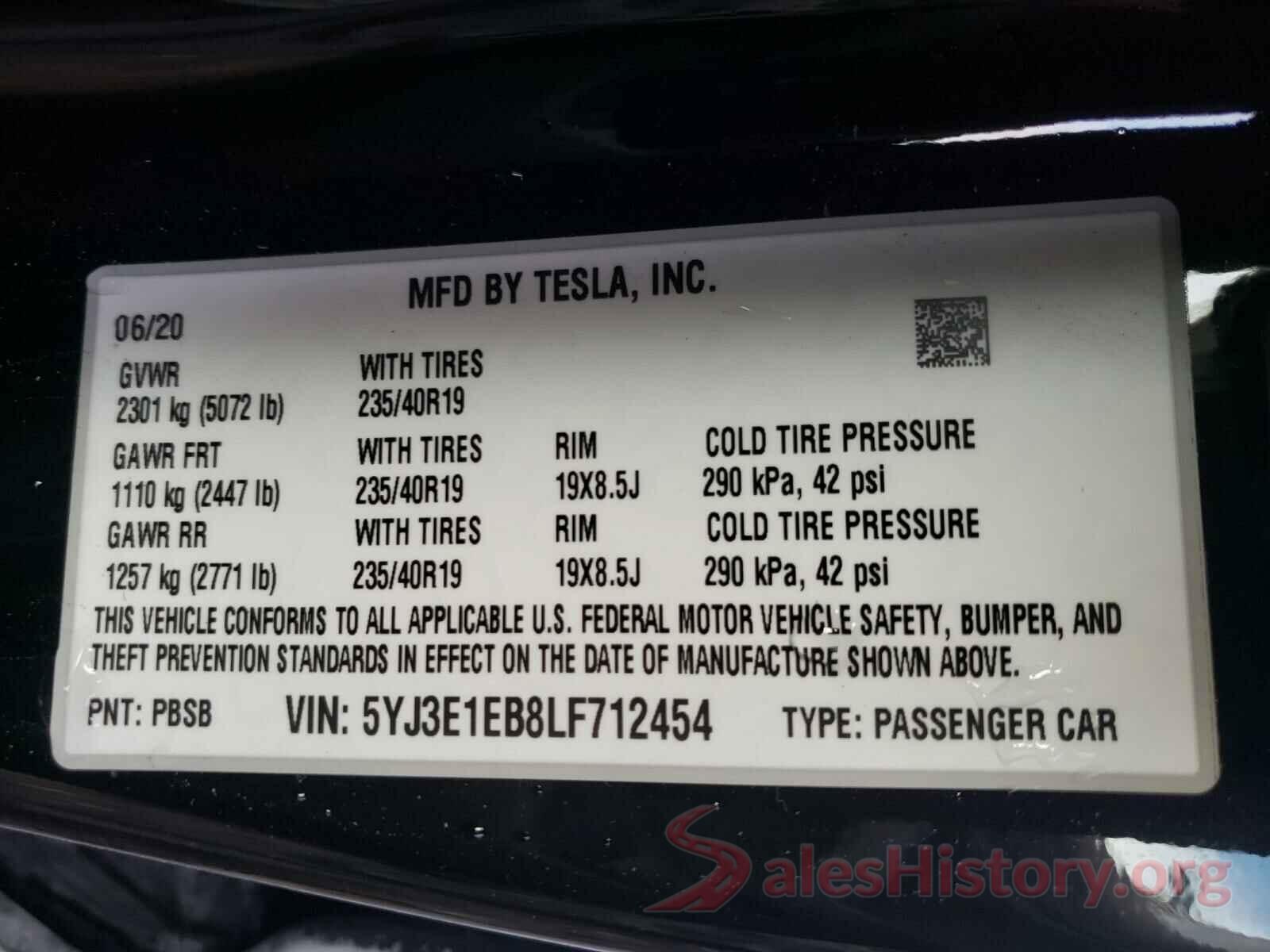 5YJ3E1EB8LF712454 2020 TESLA MODEL 3