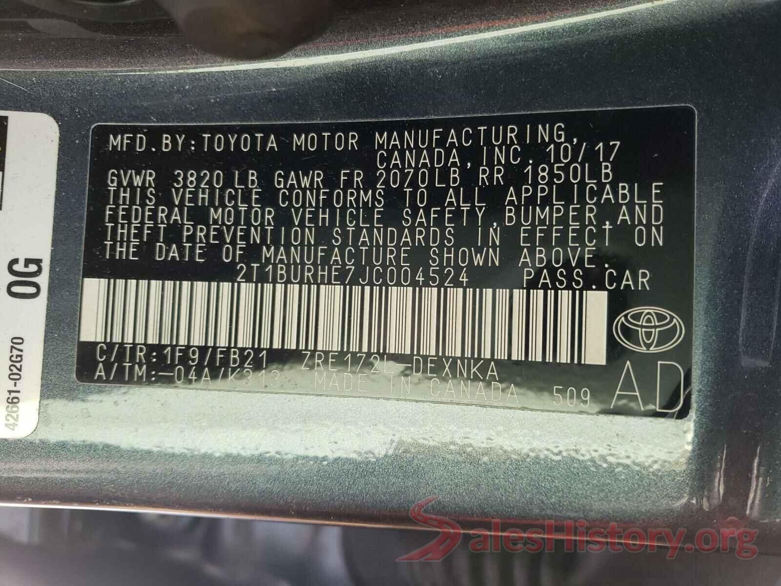 2T1BURHE7JC004524 2018 TOYOTA COROLLA