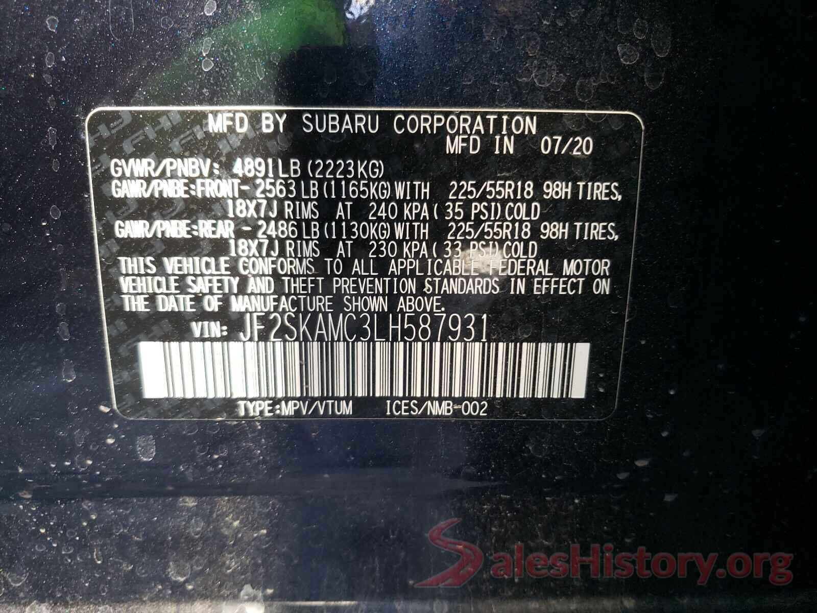 JF2SKAMC3LH587931 2020 SUBARU FORESTER