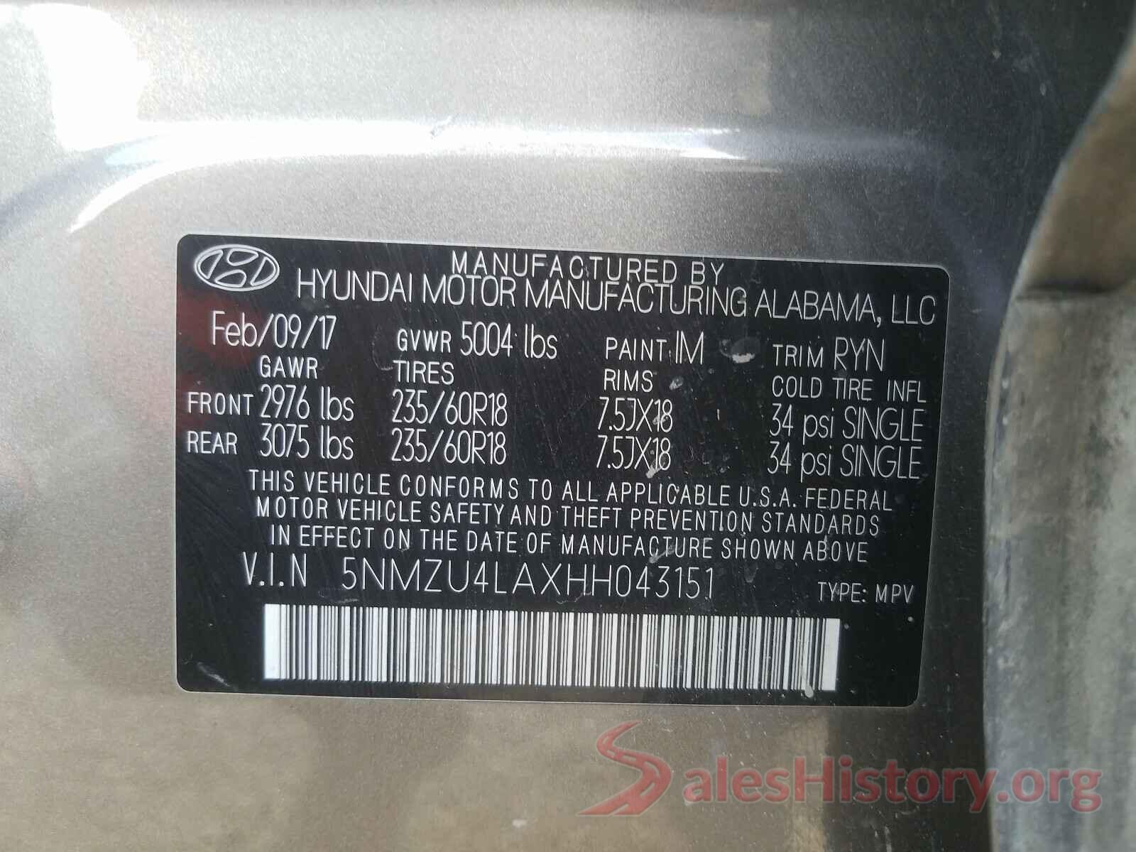 5NMZU4LAXHH043151 2017 HYUNDAI SANTA FE