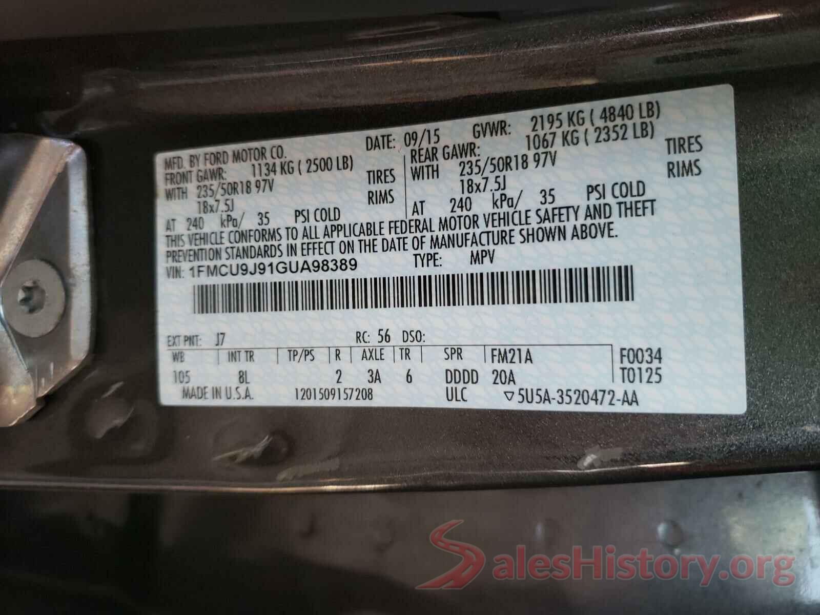 1FMCU9J91GUA98389 2016 FORD ESCAPE