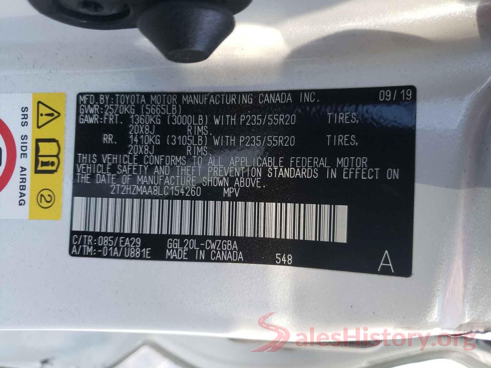 2T2HZMAA8LC154260 2020 LEXUS RX350