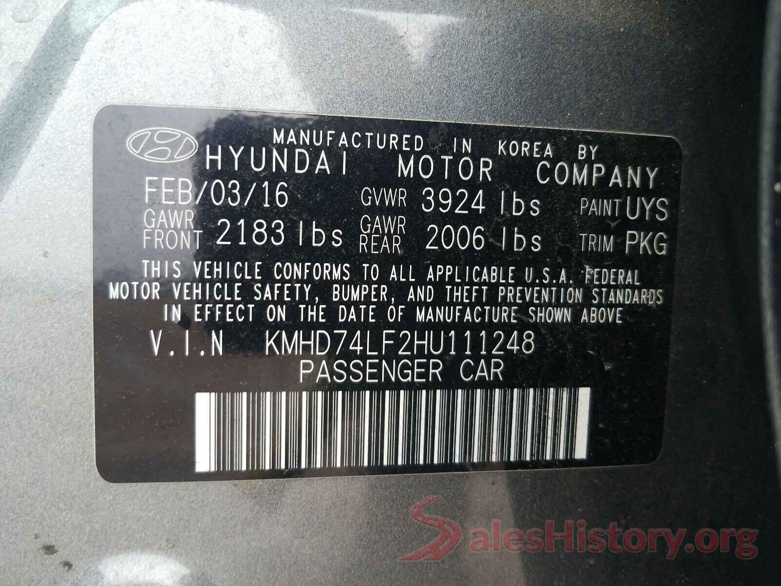 KMHD74LF2HU111248 2017 HYUNDAI ELANTRA