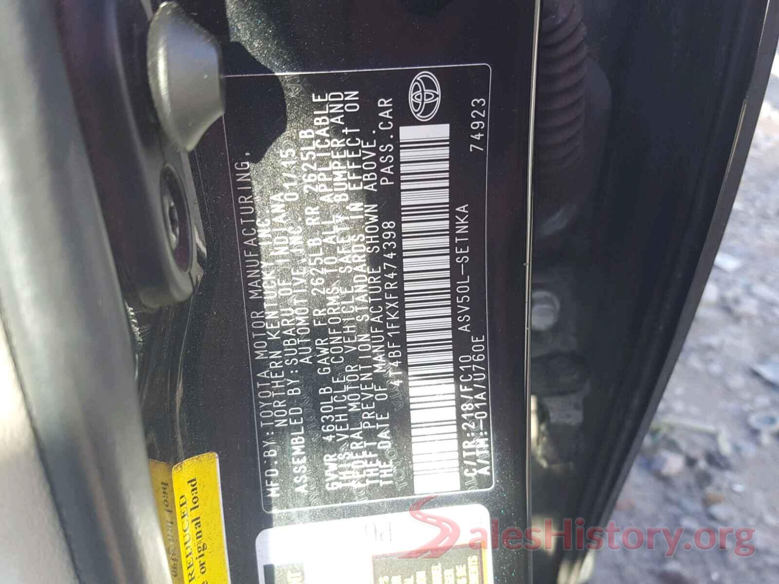 4T4BF1FKXFR474398 2015 TOYOTA CAMRY