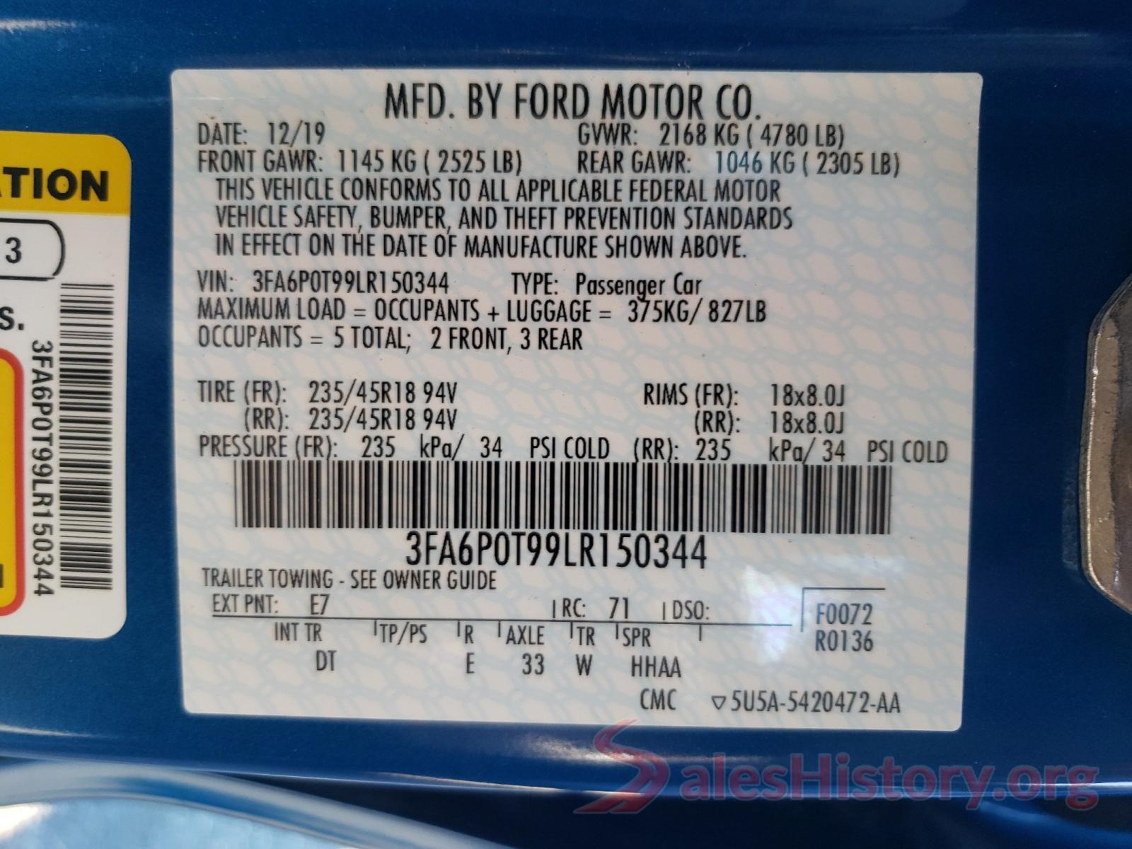 3FA6P0T99LR150344 2020 FORD FUSION