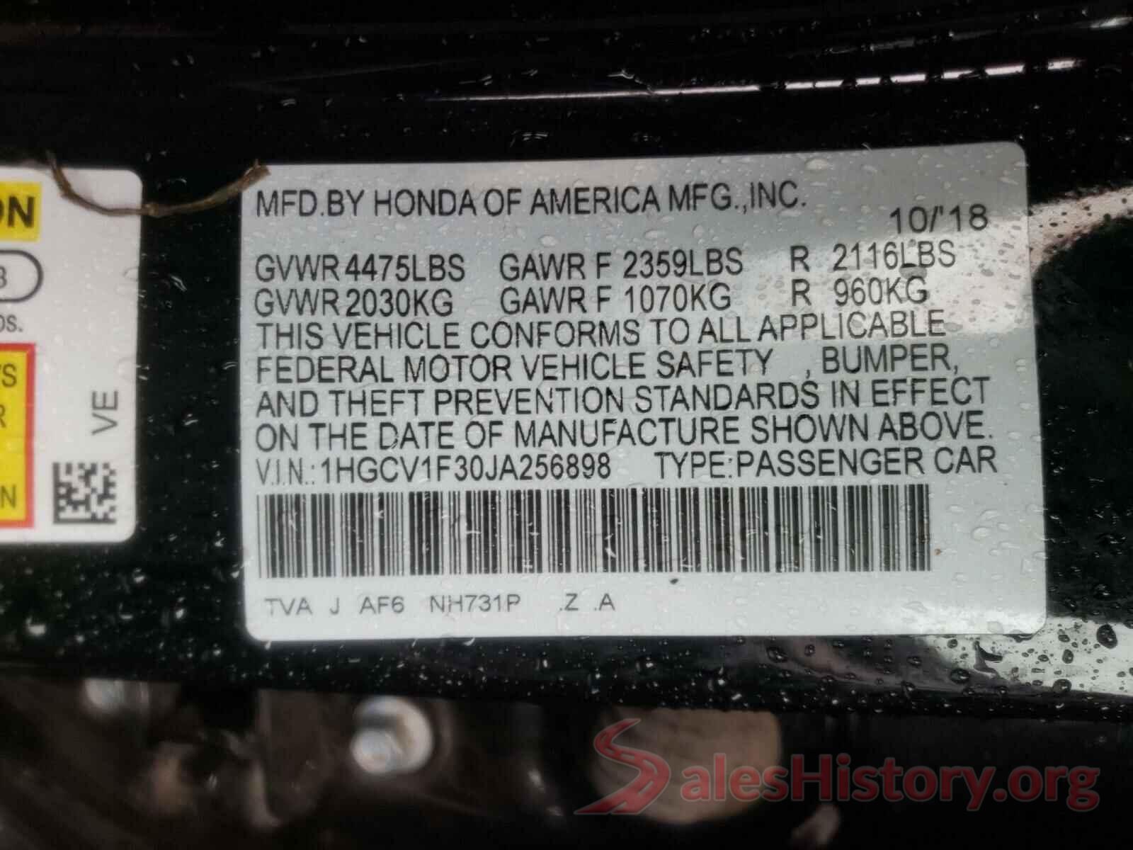 1HGCV1F30JA256898 2018 HONDA ACCORD