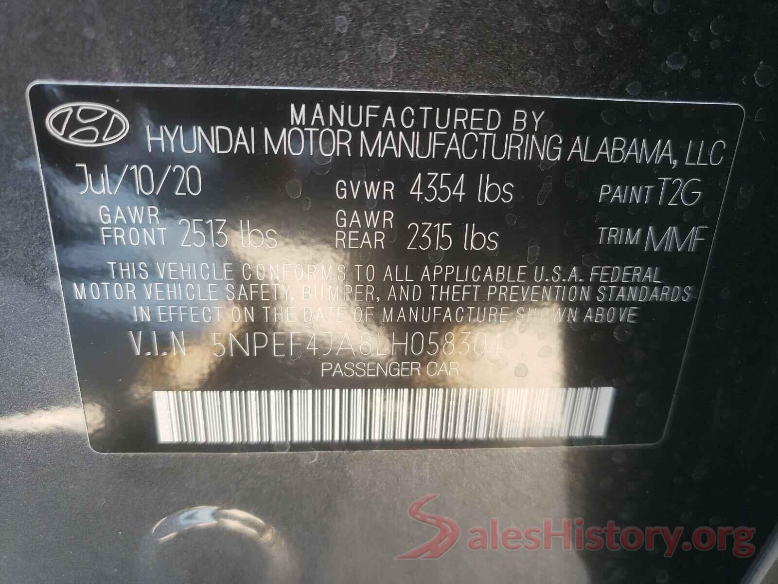 5NPEF4JA8LH058304 2020 HYUNDAI SONATA